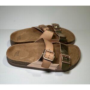 Time and Tru Women’s Cork Footbed Sandals Beige Gold Tone Slip On Size 8